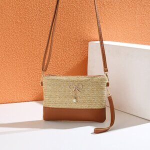 2/$30 Woven Beige and Brown Cross-Body Bag Leather Trim Purse Bow Pearl Charm